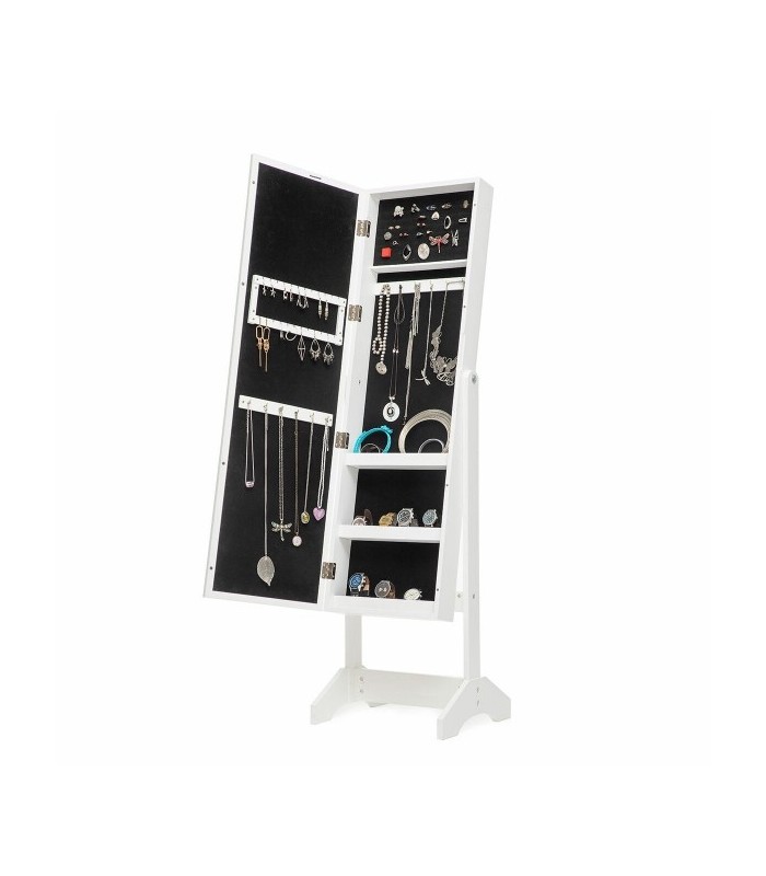 Armoire à bijoux sur pied blanche avec miroir intégré, éclairage LED et rangement interne