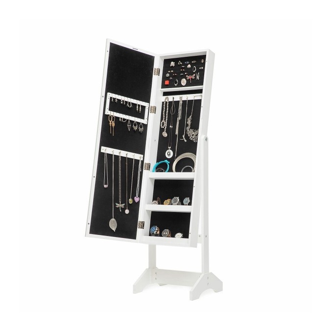 Armoire à bijoux sur pied blanche avec miroir intégré, éclairage LED et rangement interne