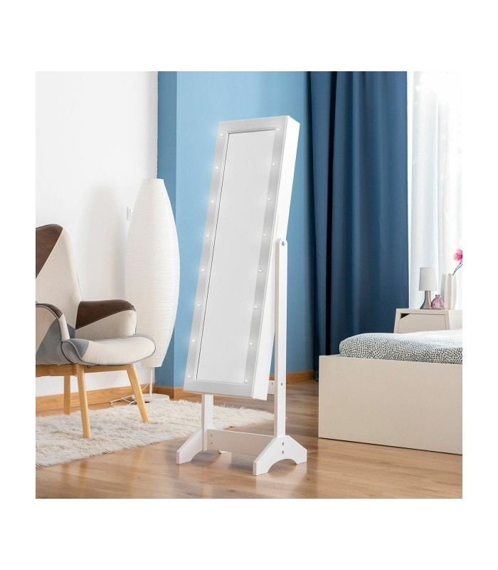 Armoire à bijoux sur pied blanche avec miroir intégré, éclairage LED et rangement interne