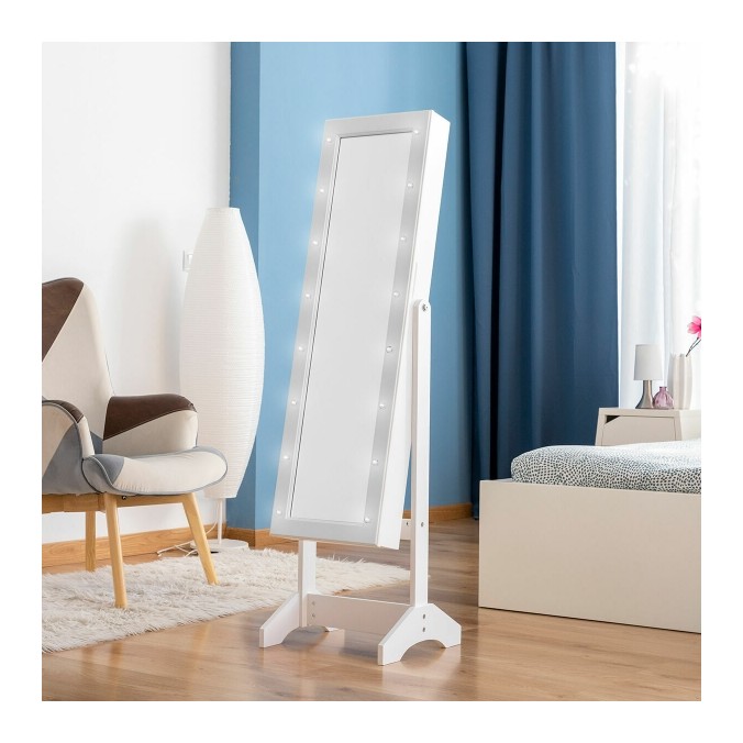 Armoire à bijoux sur pied blanche avec miroir intégré, éclairage LED et rangement interne