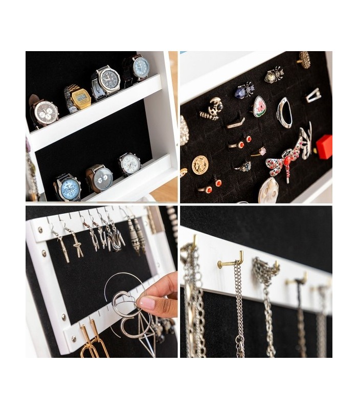 Armoire à bijoux sur pied blanche avec miroir intégré, éclairage LED et rangement interne