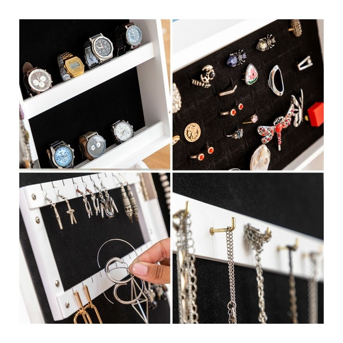 Armoire à bijoux sur pied blanche avec miroir intégré, éclairage LED et rangement interne