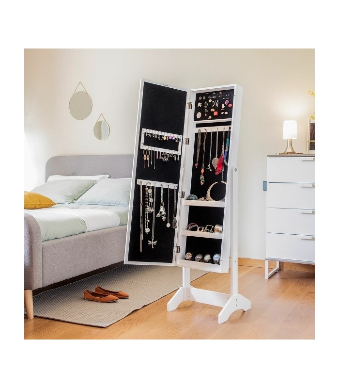 Armoire à bijoux sur pied blanche avec miroir intégré, éclairage LED et rangement interne