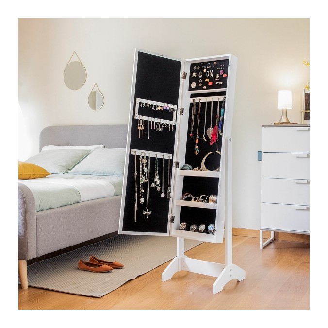 Armoire à bijoux sur pied blanche avec miroir intégré, éclairage LED et rangement interne