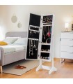 Armoire à bijoux sur pied blanche avec miroir intégré, éclairage LED et rangement interne