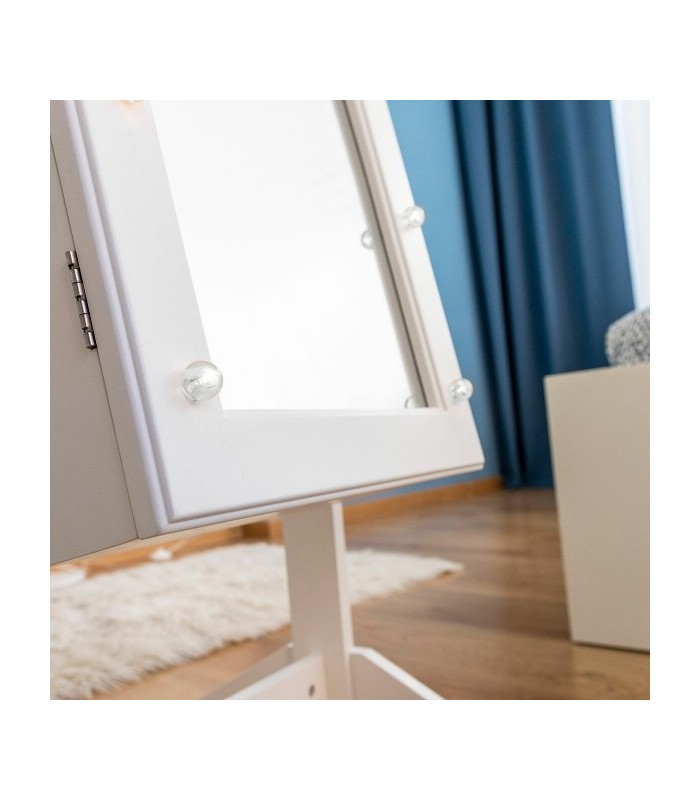 Armoire à bijoux sur pied blanche avec miroir intégré, éclairage LED et rangement interne