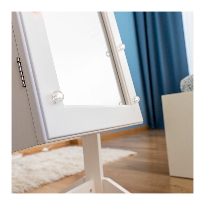Armoire à bijoux sur pied blanche avec miroir intégré, éclairage LED et rangement interne
