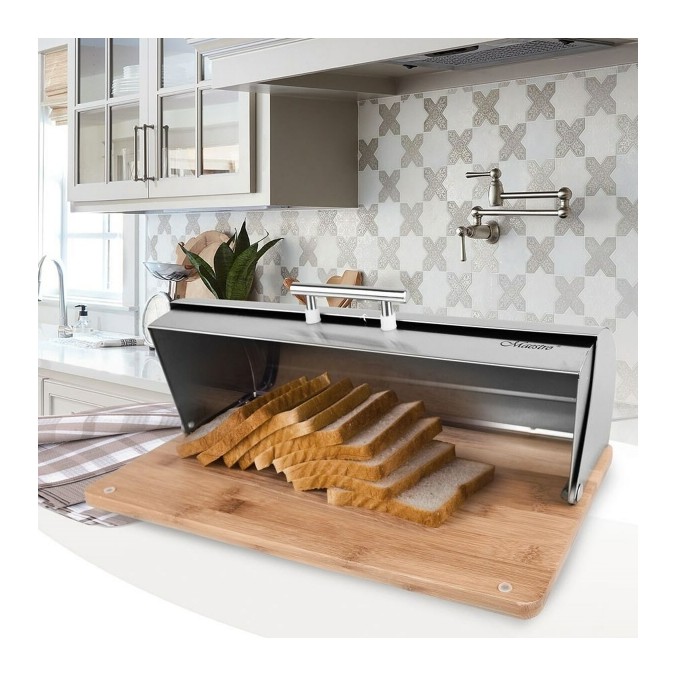 Corbeille à Pain Argenté et Bois Acier inoxydable  37 x 14 x 14 cm