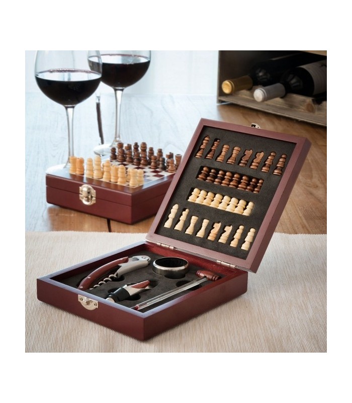 Coffret d'Accessoires à Vin et jeu d'Échecs 37 Pièces 2 en 1