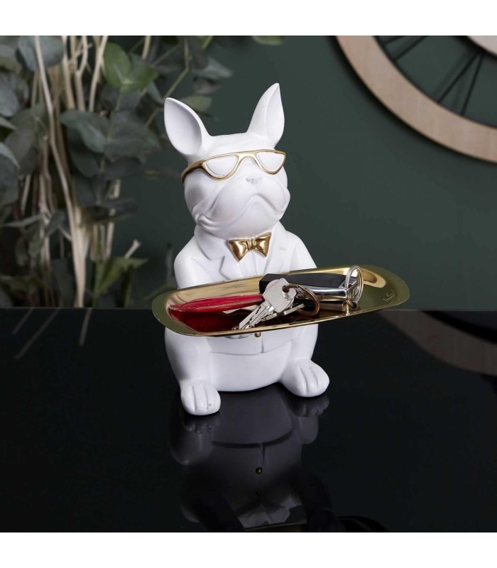 Vide-poche Sculpture Bulldog 🐶 blanc 21 cm finition dorée