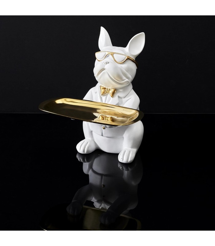 Vide-poche Sculpture Bulldog 🐶 blanc 21 cm finition dorée