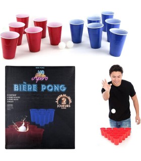 Jeu à boire bière pong avec verres rouges et bleus, format compact