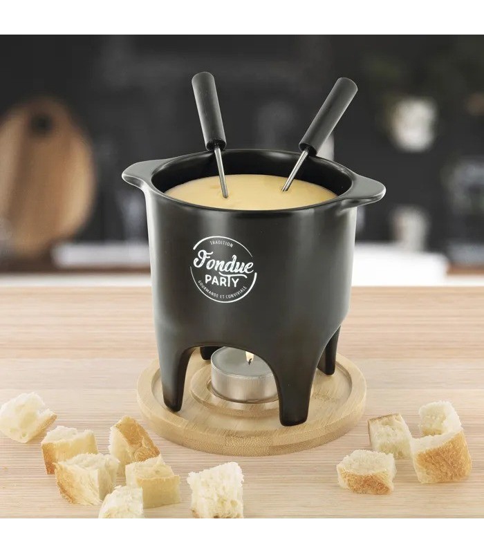 Fondue individuelle ou duo – céramique noire, bambou, inox