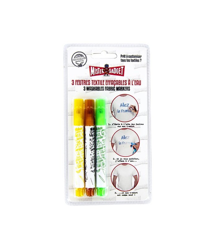 Set de 3 stylos effaçables pour vêtement, jaune marron et vert