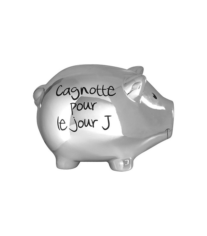 Cette Tirelire cochon XL argent chrome "cagnotte pour le jour J"