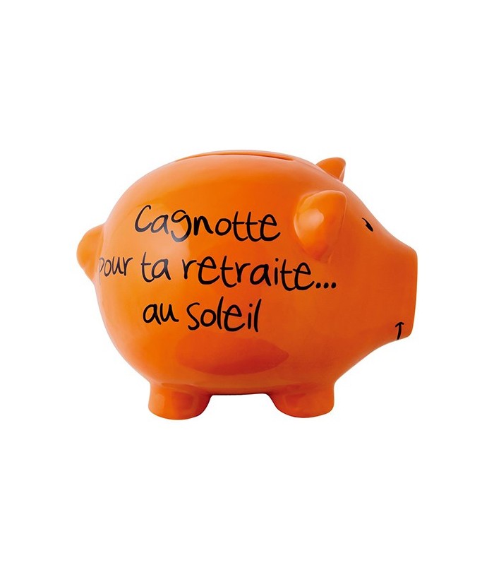 Tirelire cochon XL orange "cagnote pour ta retraite... au soleil"