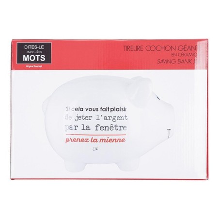 Tirelire XL cochon blanc " Si cela vous fait plaisir de jeter l'argent par la fenêtre prenez la mienne "