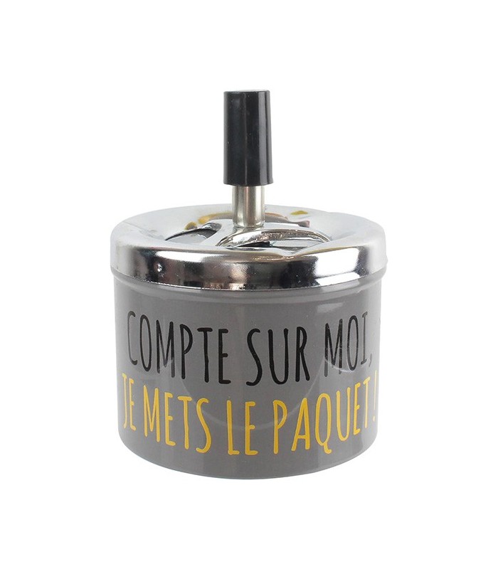 Cendrier poussoir "Compte sur moi, je mets le paquet !", gris
