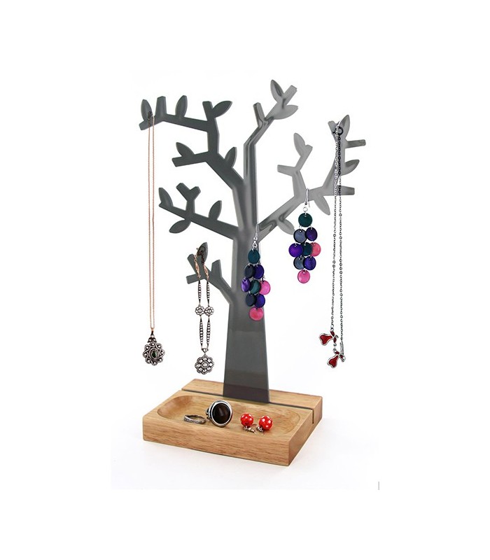 Porte-bjoux Arbre avec socle bois, noir