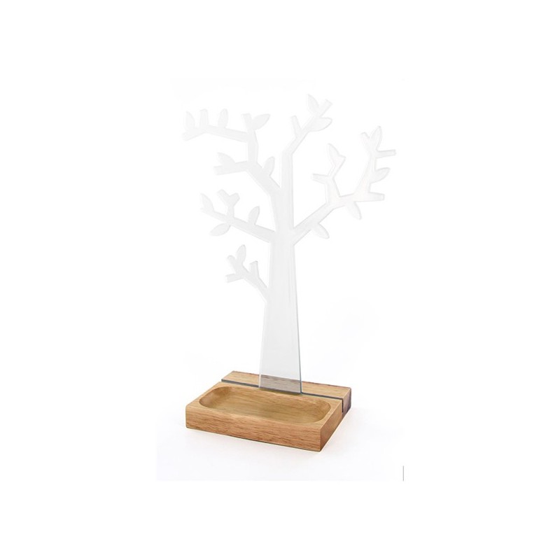 Porte-bjoux Arbre avec socle bois, transparent