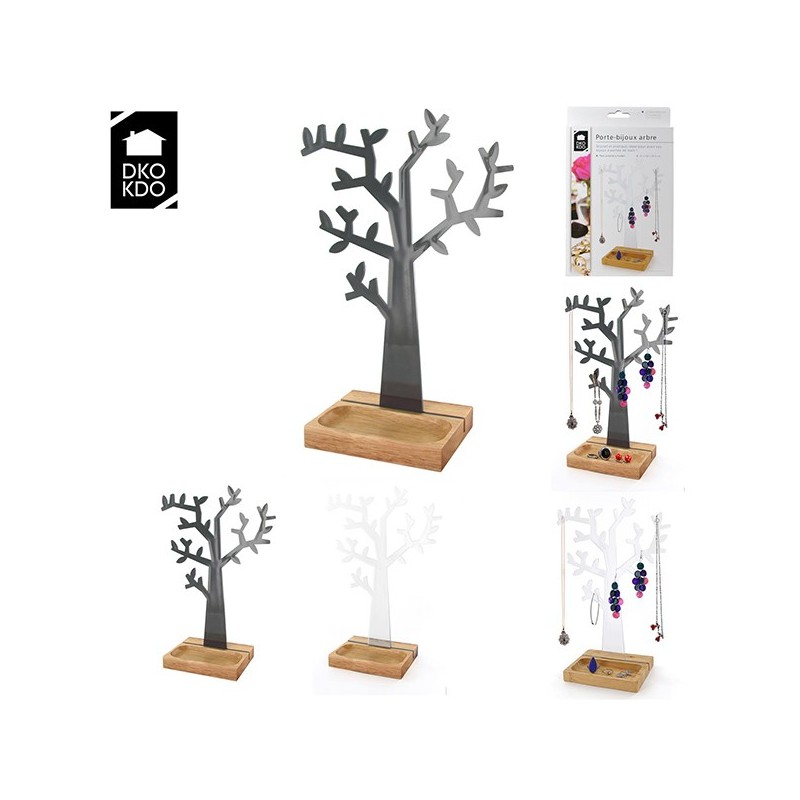 Porte-bjoux Arbre avec socle bois, noir