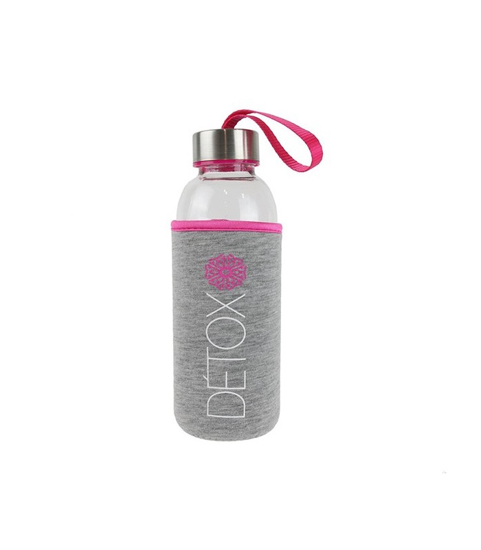 Bouteille en verre 350ml et pochon de protection, rose