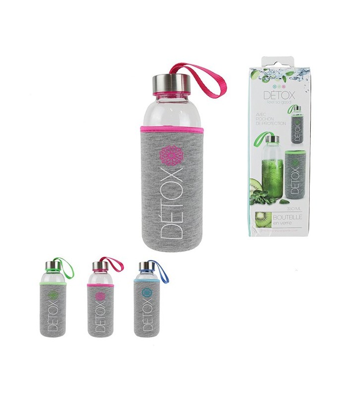 Bouteille en verre 350ml et pochon de protection, rose