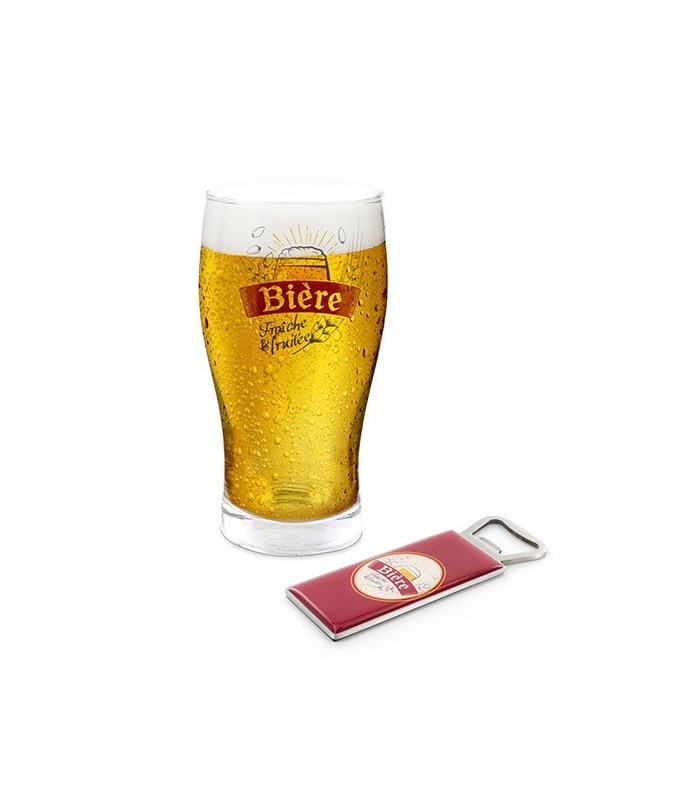 Bière pinte en verre et décapsuleur aimanté en acier et inox