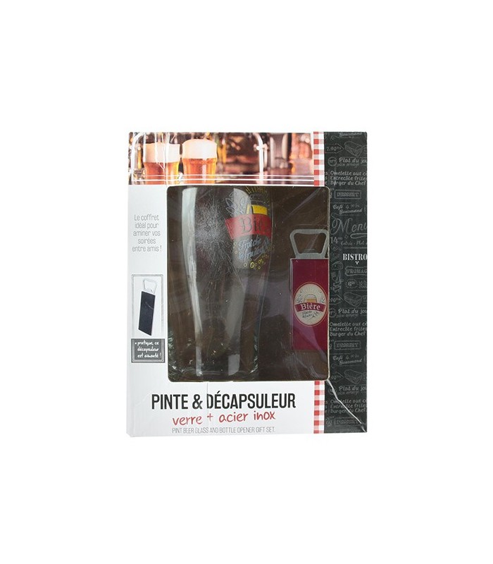 Bière pinte en verre et décapsuleur aimanté en acier et inox