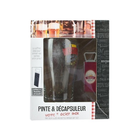 Bière pinte en verre et décapsuleur aimanté en acier et inox