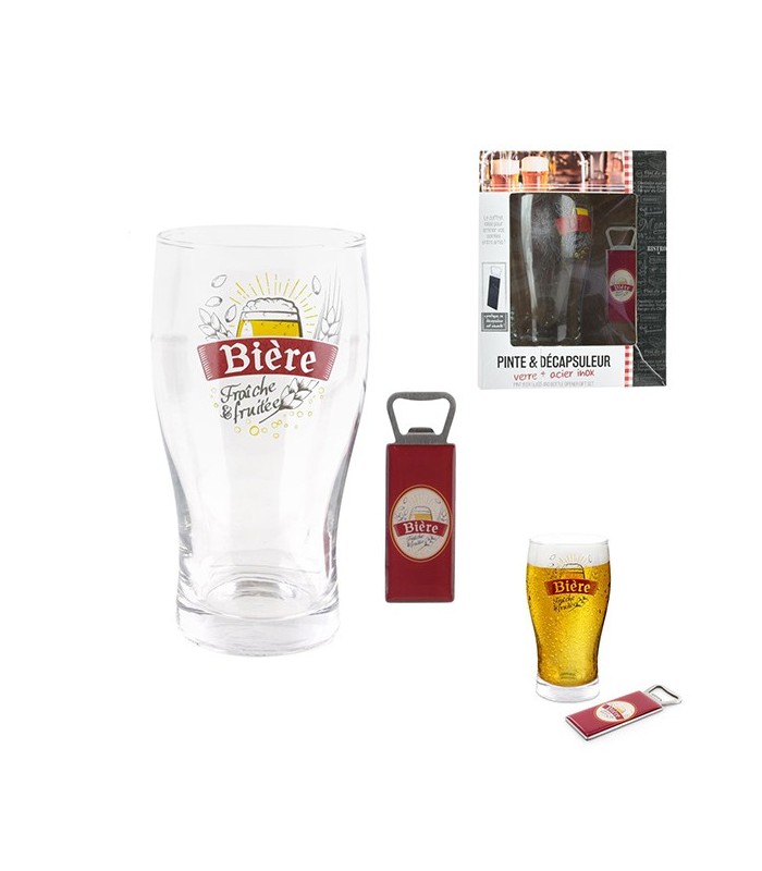 Bière pinte en verre et décapsuleur aimanté en acier et inox