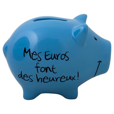 Tirelire Cochon "Mes euros font des heureux", bleu foncé