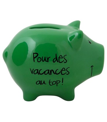 Tirelire Cochon "Pour des vacances au top !", vert