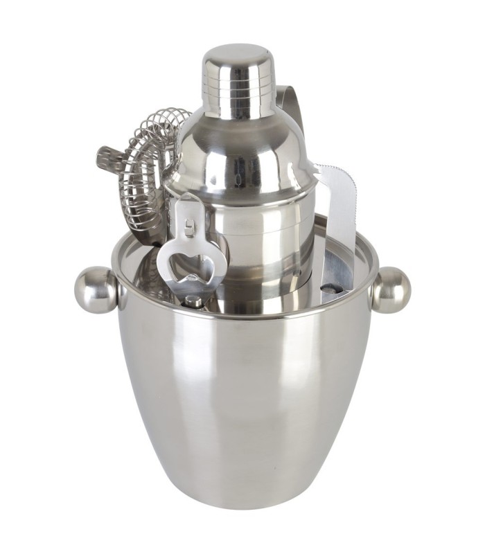 Coffret cocktail en inox 6 pièces, seau à vin