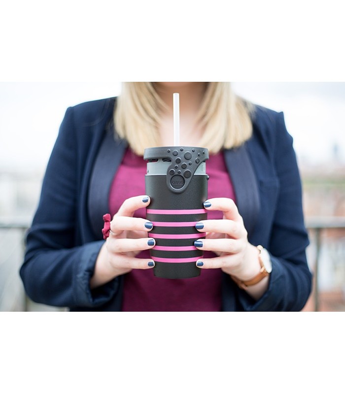 Mug étanche noir rayé rose Sonia